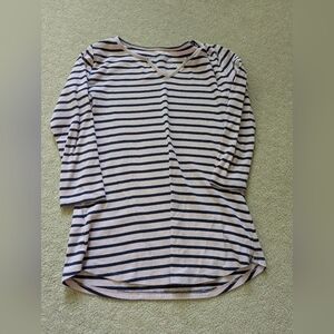 Pink and navy striped modest shirt